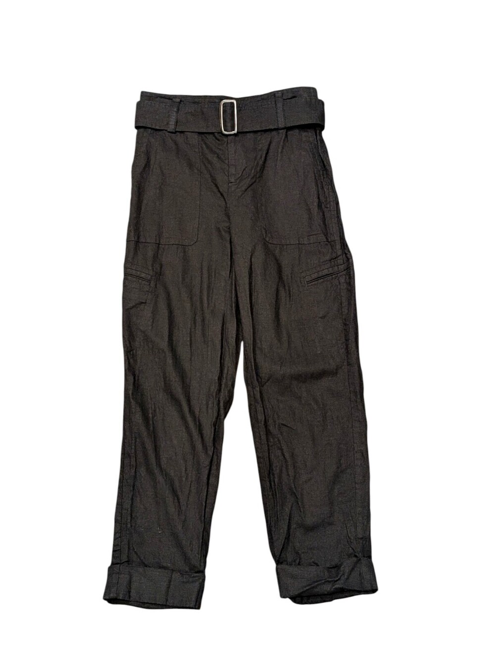 Vince Women's XS Linen Blend Cargo Utility Pants Black Belted Straight Leg